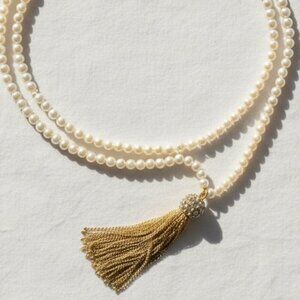 J. Crew White and Gold Necklace Classic Pearl Strand With Gold Fringe Tassel